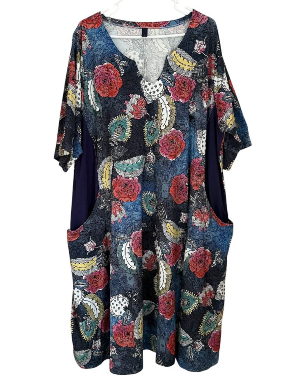 Boho Floral Midi Dress 4X V-Neck Contrast Panels Pockets Artsy Lagenlook Relaxed